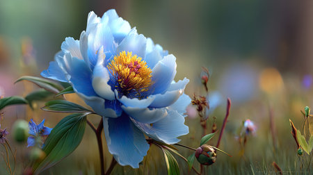 This captivating image features a stunning blue flower blooming in a natural garden environment. The delicate petals contrast beautifully with vibrant, lush greenery.の素材