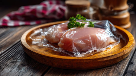 Fresh chicken breasts are neatly wrapped in plastic and placed on a rustic wooden plate, perfect for meal preparation in a cozy kitchen setting.の素材