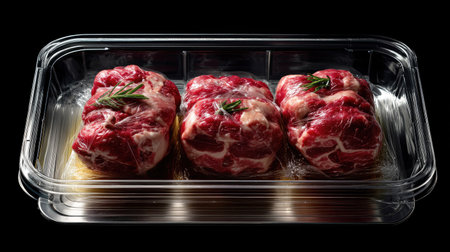 Three fresh raw beef cuts displayed in a clear container, garnished with rosemary, ideal for culinary use in various recipes and dishes.の素材