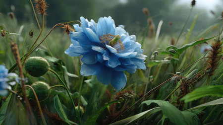 A stunning close-up of a delicate blue flower gracefully standing out amidst lush green surroundings. Perfect for nature-themed projects.の素材