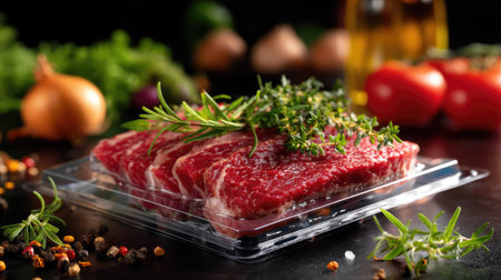 This image showcases fresh raw meat garnished with aromatic herbs, emphasizing a cooking setup ideal for gourmet meal preparation.の素材