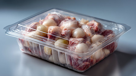 This image showcases fresh raw meat mixed with onions, elegantly arranged in a transparent plastic container, perfect for culinary applications.の素材