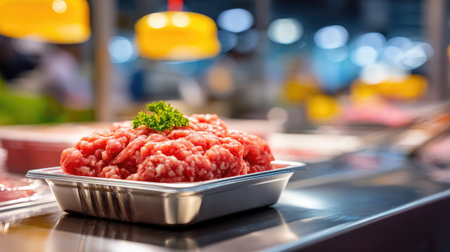 Fresh ground beef sits in a stainless steel tray at a bustling meat market, illuminated by vibrant overhead lights, perfect for culinary inspirations.の素材