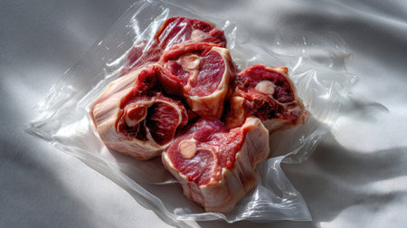 A close-up view of fresh raw meat pieces wrapped in plastic, perfect for culinary preparation. This image highlights the freshness and quality of the meat, inviting various cooking ideas.の素材