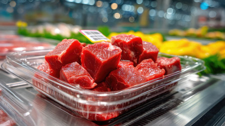 This image showcases freshly cut red meat cubes arranged in a clear plastic tray. The vibrant display, set against a colorful market backdrop, emphasizes fresh ingredients for culinary use.の素材