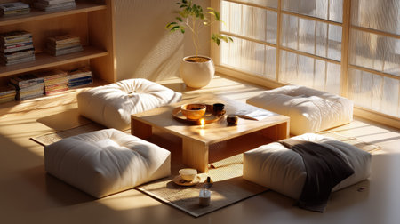 A serene and cozy Japanese living room showcasing natural light, comfortable cushions, and minimalist decor, perfect for relaxation and inspiration.の素材