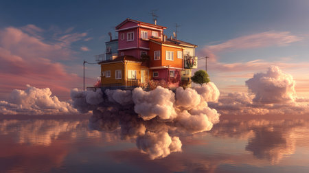 A vibrant house floats gracefully atop fluffy clouds, surrounded by calm water. The warm sunset colors create a magical, serene atmosphere perfect for evoking imagination and wonder.の素材