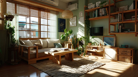 This cozy living room features bright natural light filtering through large windows, showcasing sleek wooden furniture and lush indoor plants, creating a tranquil atmosphere.の素材