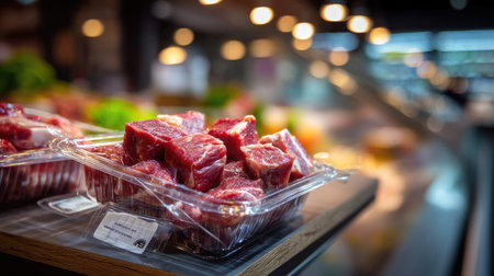 This image captures fresh cut beef chunks neatly arranged in a clear package at a grocery store, showcasing vibrant colors and textures in a warm, inviting setting.の素材