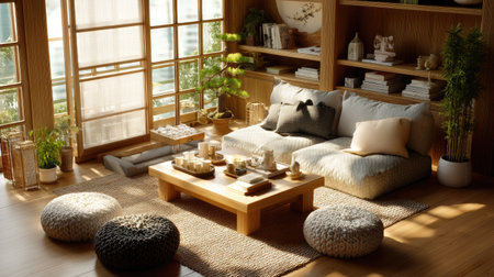 This cozy Japanese-inspired living room features warm natural light, soft textures, and minimalist decor elements, creating a tranquil atmosphere for relaxation.の素材