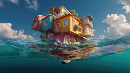 This imaginative image showcases colorful houses floating on water, surrounded by a bright blue sky and fluffy clouds, creating a dreamy and serene atmosphere.の素材