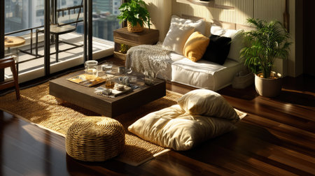 This image showcases a cozy modern living room bathed in bright sunlight. The warm wooden floor complements the inviting cushions and plants, creating a serene atmosphere ideal for relaxation and comfort.の素材