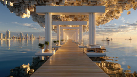 This surreal image showcases a stunning architectural reflection over water, featuring modern structures suspended above, creating a dreamlike atmosphere.の素材