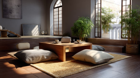 A beautifully designed modern room featuring a wooden table surrounded by cushions and indoor plants, creating a serene and inviting atmosphere.の素材