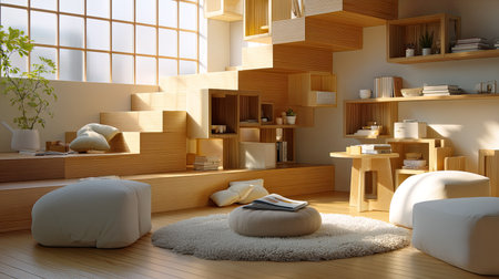 A serene and inviting home interior featuring warm wooden elements, ample natural light, and minimalist decor that promotes comfort and relaxation.の素材