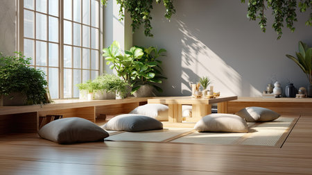 This serene interior showcases a bright room flooded with natural light, featuring minimalist decor, lush green plants, and inviting seating cushions, perfect for relaxation.の素材
