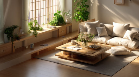 A beautifully designed living room showcasing warm natural light, lush indoor plants, and minimalist decor that creates a serene atmosphere for relaxation.の素材