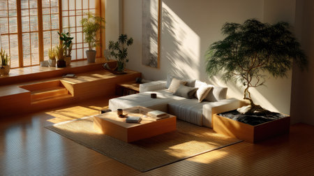 A tranquil and elegant living room featuring minimalist decor, warm wooden tones, and abundant natural light, creating a serene atmosphere for relaxation.の素材