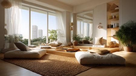 A bright indoor space featuring large windows that flood the area with natural light, showcasing cozy cushions and a warm, inviting atmosphere.の素材