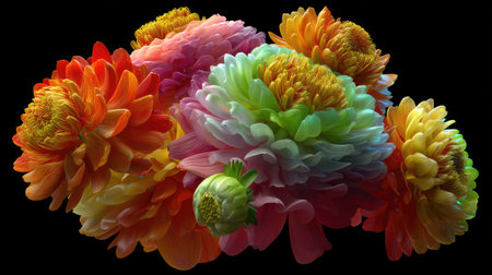 This captivating image showcases a vibrant floral arrangement featuring various shades of blooming flowers set against a black background, perfect for evoking a sense of nature's beauty.の素材