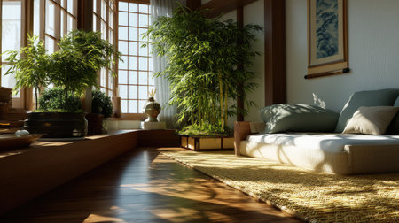 A serene interior featuring bamboo plants and cozy seating with natural light streaming in, creating a peaceful and relaxing atmosphere in a Japanese-style home.の素材