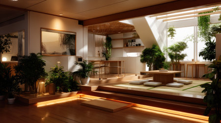 This serene Japanese-inspired interior captures the essence of tranquility with an abundance of natural light and lush plants, creating a peaceful living environment.の素材