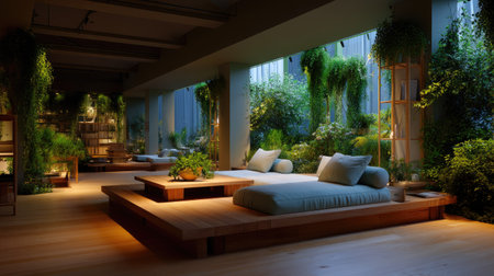 A serene indoor environment showcasing lush greenery and minimalist furniture. The calming setting combines natural light and comfortable designs for ultimate relaxation.の素材