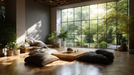 This cozy indoor living space radiates serenity with abundant natural light and lush greenery. The inviting atmosphere features cushions, wooden dの素材