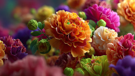 This stunning image captures a vibrant array of blooming flowers, showcasing a breathtaking mix of rich colors and detailed textures in natureの素材