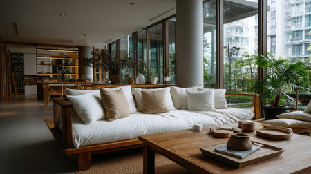 A tranquil and inviting modern living room featuring a spacious layout, minimalist furniture, natural light, and stylish decor elements for relaxation.の素材
