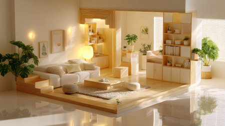 Experience the serene beauty of a cozy minimalist living room featuring natural light, indoor plants, and warm wooden textures, ideal for modern home aesthetics.の素材