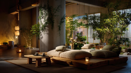 This serene indoor oasis features soft cushions and ambient lighting, creating a peaceful atmosphere with natural elements and modern architecture.の素材