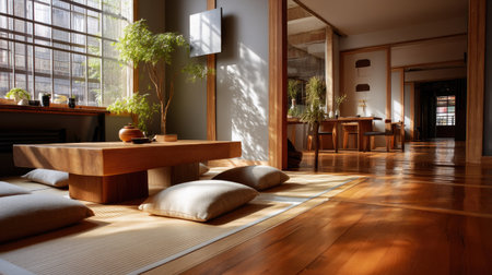 Immerse yourself in a serene Japanese interior showcasing natural light, wooden features, and minimalist aesthetics for a harmonious living space.の素材