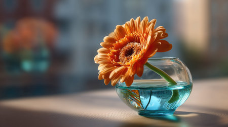 This delightful image features a vibrant orange gerbera flower elegantly placed in a clear glass vase filled with blue water, creating a serene and cheerful ambiance.の素材
