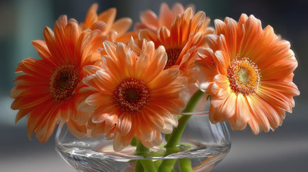A captivating display of vibrant orange Gerbera daisies arranged in a clear glass vase, perfect for adding a bright touch to any home decor or special event.の素材