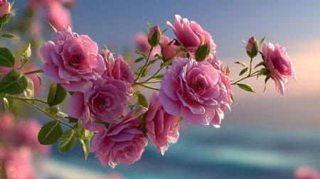 A stunning display of pink roses adorned with dew drops, set against a soft blurred background, evokes tranquility and beauty in nature's bounty.の素材