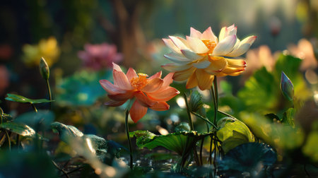 Experience a serene scene of vibrant lotus flowers blooming gracefully in a tranquil pond, surrounded by lush green leaves and soft morning light.の素材