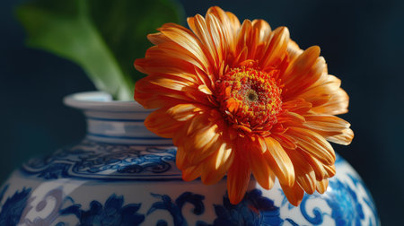 This stunning image features a vibrant orange flower placed elegantly in a decorative blue and white ceramic vase, set against a dark background.の素材