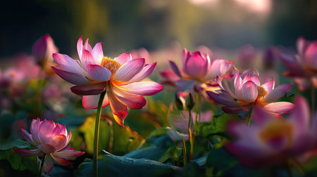 Experience the tranquil beauty of blooming lotus flowers at dawn, featuring soft pink and white petals shimmering in the gentle light, surrounded by vibrant green foliage.の素材
