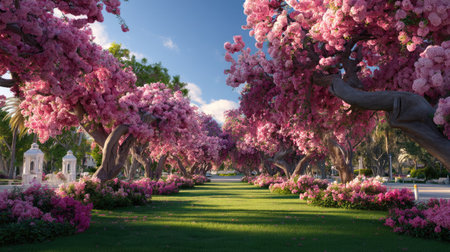 A picturesque view of a cherry blossom pathway lined with vibrant pink flowers, surrounded by lush green grass and bathed in sunlight, inviting serenity.の素材
