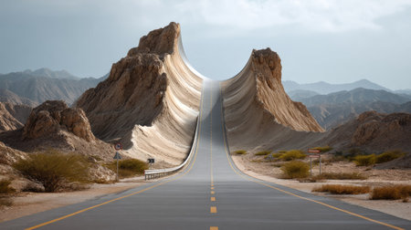 A breathtaking view of a surreal road winding through dramatic mountain formations, presenting a unique landscape in a serene desert setting.の素材