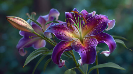 A stunning purple lily flower stands out in a lush garden setting, showcasing intricate petals and vibrant colors that evoke a sense of tranquility and beauty.の素材
