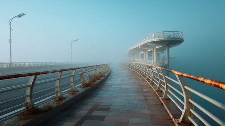 A tranquil foggy morning captures a deserted urban walkway, showcasing architectural elements and serene atmosphere perfect for exploration and reflection.の素材