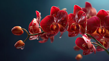 A stunning close-up of vibrant red orchid blossoms adorned with delicate droplets, set against a soft blue background. Ideal for nature and floral projects.の素材