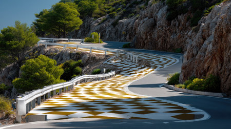 A winding road presents an artistic checkered pattern along its surface, framed by lush greenery and rocky mountains, offering a serene outdoor experience.の素材