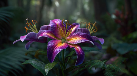 A stunning close-up of vibrant lily blossoms in a lush rainforest, showcasing rich colors and delicate petals surrounded by mist and soft sunlight.の素材