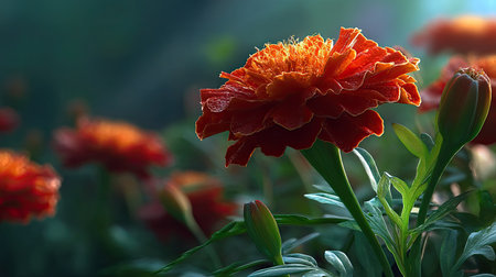 This stunning close-up image showcases a vibrant orange marigold flower glistening with dewdrops in a serene garden. The natural light enhances the rich colors and textures, inviting viewers to appreciate the beauty of nature.の素材