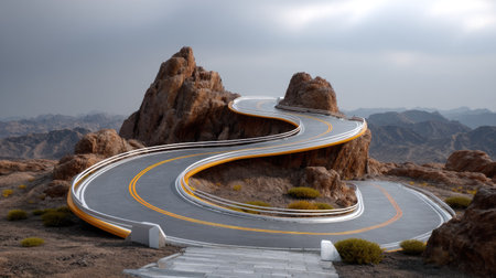 A captivating winding road meanders through a rugged rocky landscape, framed by dramatic cloud formations overhead, inviting exploration and adventure.の素材