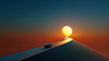 This surreal image features a car driving along a winding road that leads directly to a giant sun, creating a stunning and imaginative landscape at sunset.の素材