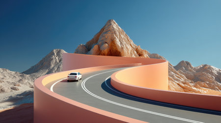 A stunning view of a curving road with a car traveling around a vibrant mountain peak, set against a clear blue sky, perfect for travel themes.の素材